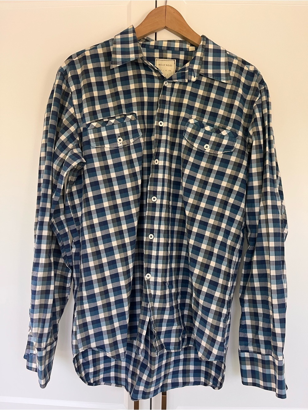 Billy Reid Navy and White Plaid Button-Down Shirt